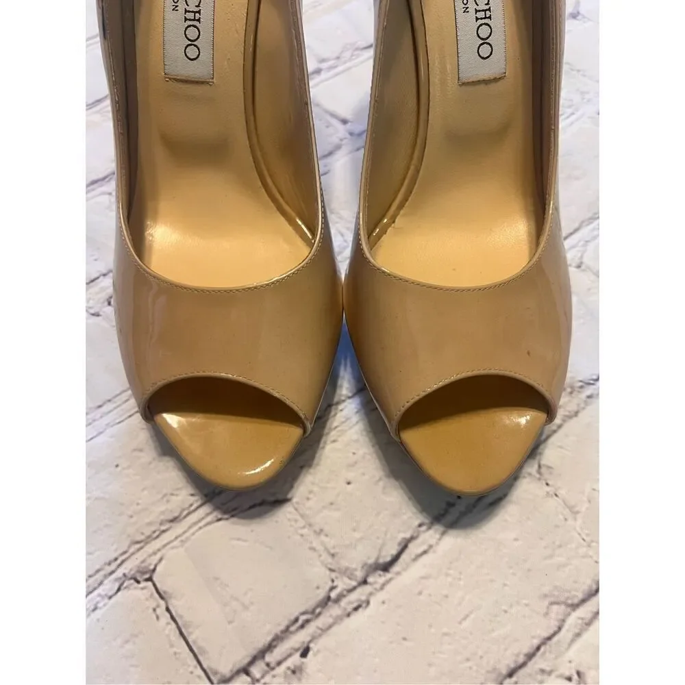 Jimmy Choo Sz 40.5 Open Toe Pump Heels Tan Patent Leather Classic Iconic Formal
